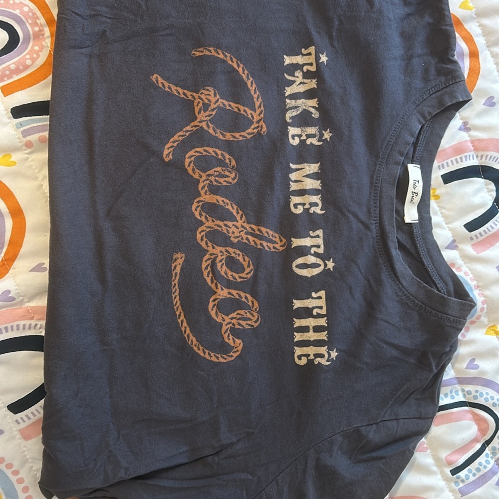 Blue and Tan Short Sleeve Tee with Metallic Print
